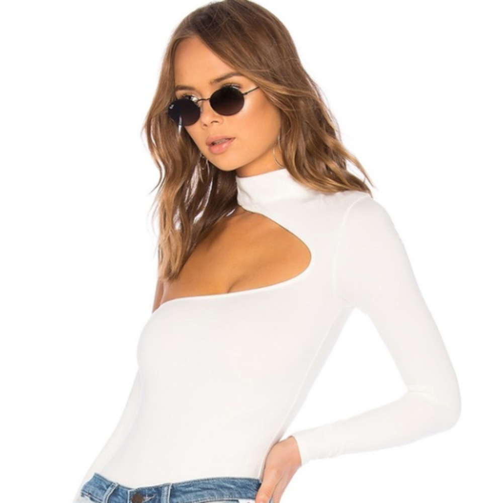 Privacy Please White One-Shoulder Cutout Bodysuit